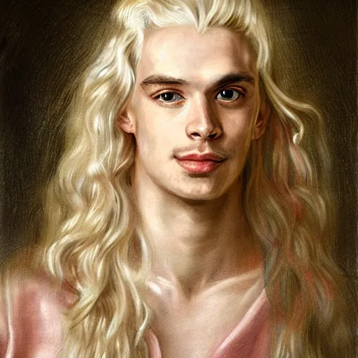 Image similar to beautiful portrait painting of Viserys Targaryen with long curly blond hair, delicate young man wearing a wispy pink silk dress smiling sleepily at the viewer, symmetrically parted curtain bangs, in love by Peter Paul Rubens and Seb Mckinnon