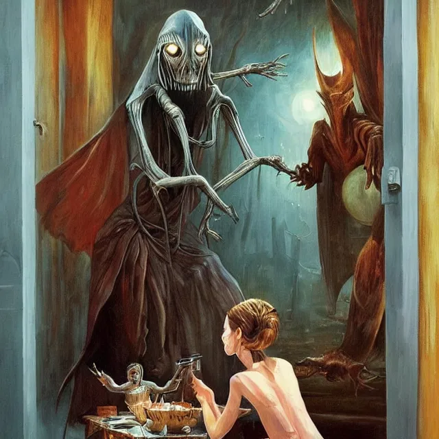 Image similar to a strange creature greeting a female explorer in a dining room, haunted house, masterpiece, rhads!!!, magical realism, urban fantasy, a hooded figure, a fierce woman, ( h. r. giger )