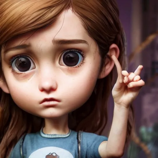 Image similar to Extremely cute and adorable 8k HD key visual of Ellie (The Last of Us) and Ariana Grande posing for the camera making an awesome pose, official media, designed by Mark Ryden and artgerm and Margaret Keane. The art style is quite chibi, with large heads and big wide eyes. 3D render diorama Macro photography