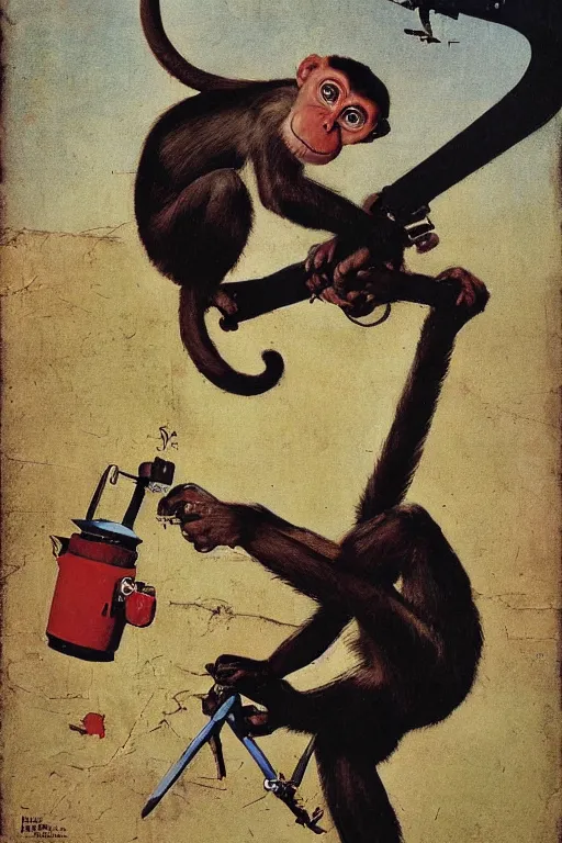 Prompt: Monkey using a drone painted by Norman Rockwell