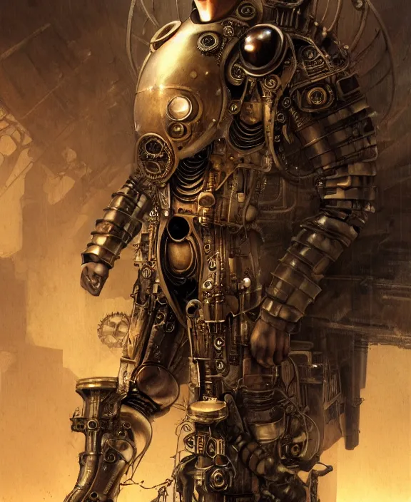 Image similar to steampunk armoured saitama from one punch man by hr giger and beksinski and stephan martiniere, trending on artstation, 4 k resolution, detailed, high quality, hq artwork