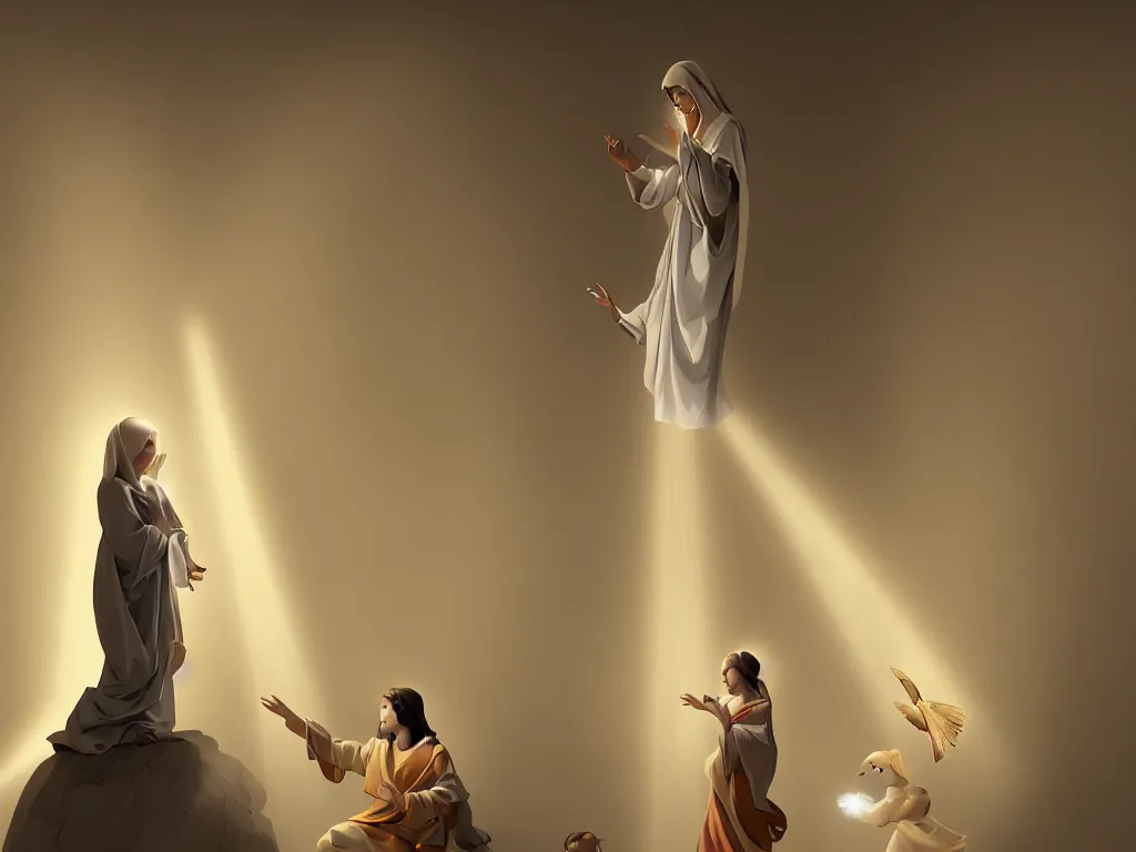 Image similar to the annunciation with mary on the left and archangel on the right, with a beam of light coming down from the top right towards mary on the left, by goro fujita, trending on artstation, 8k, highly detailed, digital graphic art