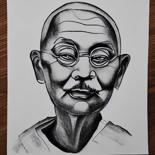 Image similar to continuous single line contour - drawing of ghandi, pen on white paper