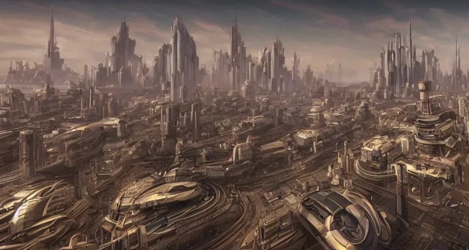 Image similar to view on futuristic city in the horizon, in style of dieselpunk, detailed, sharp, 4 k