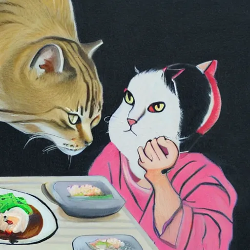 Prompt: Angry girl eats sushi while her jealous cat is watching, painting by 奈良美智