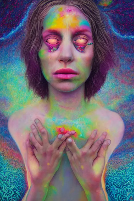 Image similar to acid tripping midsommer girl third eye open, chakra energy waves resonating from her body, ethereal aura, epic surrealism 8k oil painting, portrait, perspective, high definition, post modernist layering, by Sean Yoro, Casey Weldon