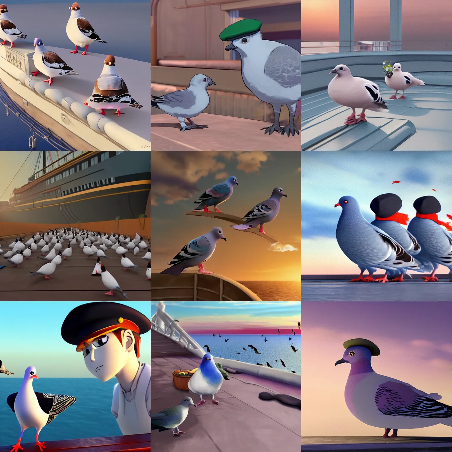 Prompt: pigeons having breakfast wearing beret hat on Titanic, art by Hayao Miyazaki, sharp, detailed, rendered in Unreal Engine 5, sharp, bloom, lighting, sunrise