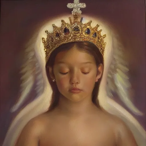 Prompt: a crown made of light on a divine angel. Realism. Oil on canvas.