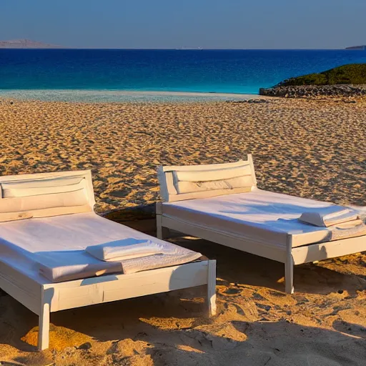 Image similar to beds on Elafonissi Beach in crete, 8k resolution, hyper detailed, professional photograph