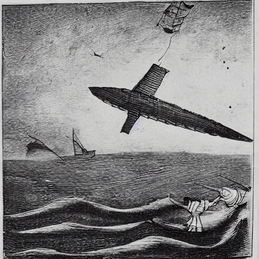 Prompt: grainy reproduction of a 1700s etching of a zeppelin being shot down over the ocean by a sailing ship