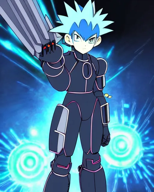 Image similar to beautiful cyberpunk anime boy spiked hair character megaman legends metal sharp armor award winning character design by studio ghibli