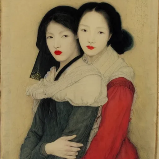 Prompt: Woman holding another woman, arm around her neck, she is Korean, the other black, both have red lips, wearing a veil, Pre-Raphaelite style