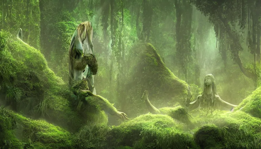 Prompt: concept art of an enormous statue of a headless goddess meditating at night, deep in the jungle, overgrown, covered in moss, ambient lighting, mist