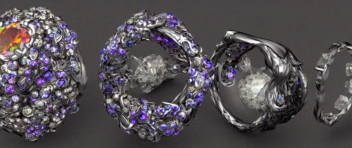 Prompt: magic crystal ring, fire, stone, crystal, engravings, diamonds, highly detailed, colorful, art by gerald brom, greg rutkowski, photo realism, unreal engine, c 4 d