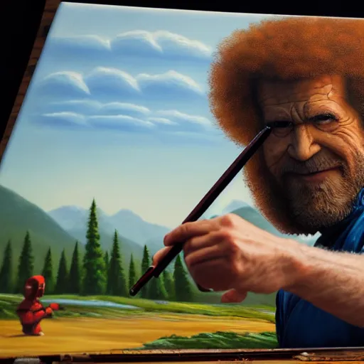 Image similar to a closeup photorealistic photograph of bob ross working on a canvas painting of deadpool. film still. brightly lit scene. mountains and trees. this 4 k hd image is trending on artstation, featured on behance, well - rendered, extra crisp, features intricate detail, epic composition and the style of unreal engine.