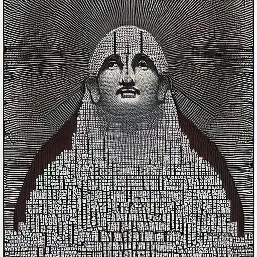 Image similar to A realistic profile picture of a deity-of-language by Gustave Dore in ASCII art style