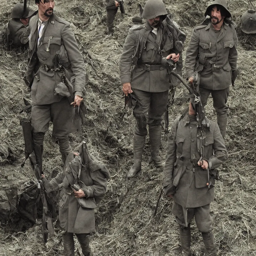 Prompt: Keanu Reeves in a World War 1 trench