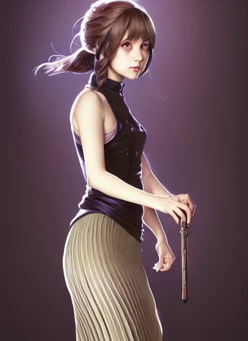 Image similar to portrait of a full body of beautiful young female detective, d & d, sleeveless turtleneck, pleated skirt, fantasy, flat lighting, intricate, highly detailed, digital painting, artstation, concept art, smooth, sharp focus, illustration, misa amane, art by simon bisley and greg rutkowski and alphonse mucha, natural tpose