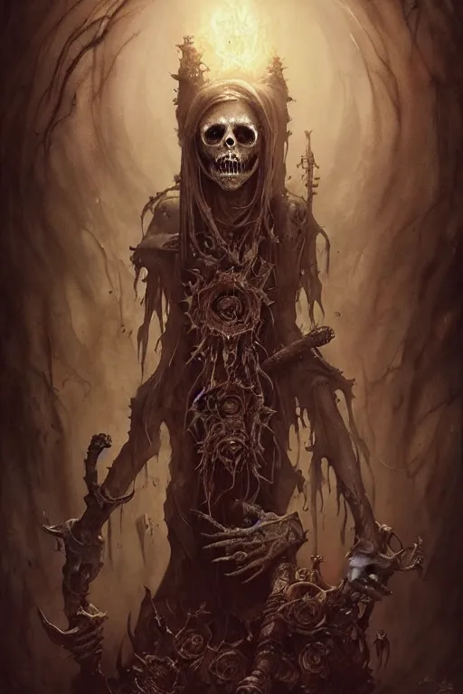 Prompt: undead lich | esoteric symbolism | jean - baptiste monge, esao andrews, bastien lecouffe - deharme, tim jacobus, ken currie | ultra - detailed realism, soft cinematic lighting, hi - fructose, artstation, high - quality, ink watercolors wes anderson poster art