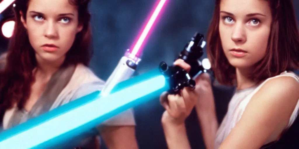 Prompt: a full color still of a young adult brunette girl holding a lightsaber hilt, cinematic lighting, 1999, directed by Steven Spielberg, 35mm