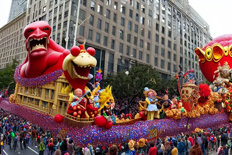 Prompt: photo of giant beautiful elaborate parade float designed by geoff darrow!!!! and ( ( ( ( ( ( peter jackson ) ) ) ) ) ), in the macys parade, detailed 4 k photo