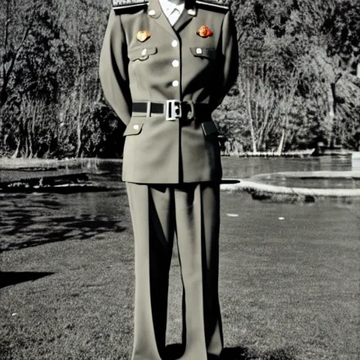 Image similar to Tracey Thorn as a North Korean officer, full body shot, 35mm film