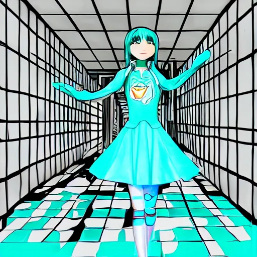 Image similar to full body digital painting of hatsune miku inside a liminal space abandoned ikea