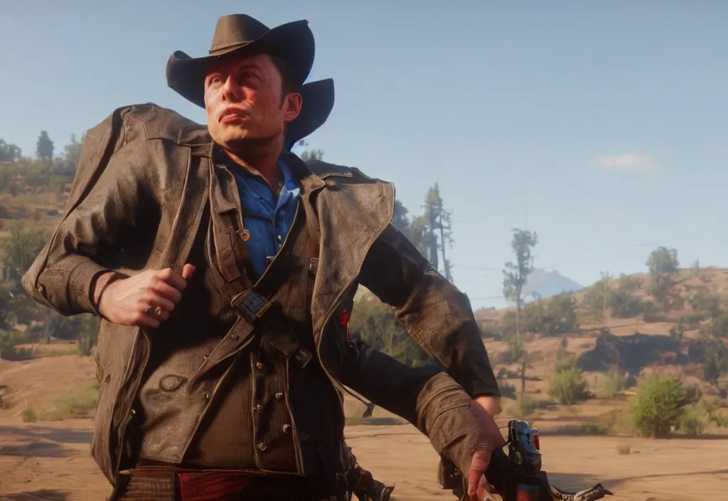 Image similar to elon musk in the red dead redemption 2, elon musk in the video game red dead redemption 2, gameplay screenshot, close up, 3 d rendering. unreal engine. amazing likeness. very detailed.