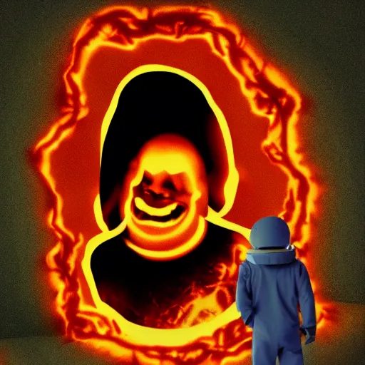 Prompt: an astronaut alone inside an empty dark hell room with lava, laughing pictures on the wall