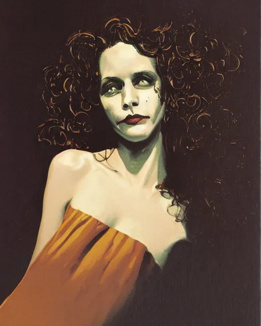 Image similar to a handsome but creepy, sinister, smiling young woman, with haunted eyes and curly hair, wearing a nightdress, 1 9 7 0 s, seventies, wallpaper, a little blood, moonlight showing injuries, delicate embellishments, painterly, offset printing technique, by brom, robert henri, walter popp