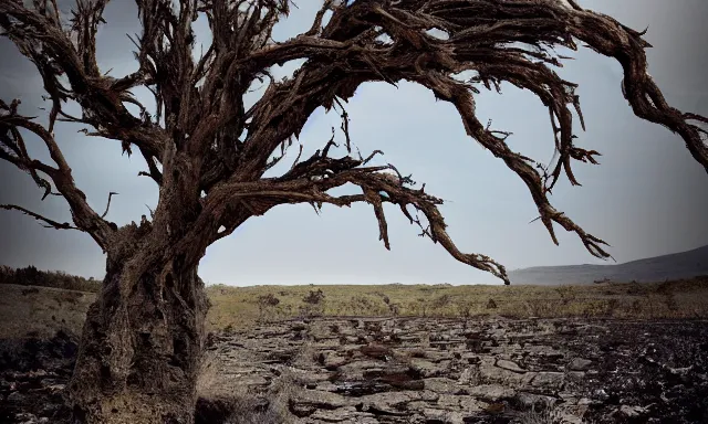 Image similar to medium shot of a nondescript crying ancient dried up Danu, peaceful, facing the camera and standing in front of a dried up river in a desolate land, dead trees, blue sky, hot and sunny with light rain but no clouds, highly-detailed, elegant, dramatic lighting, artstation, 4k, cinematic landscape, photograph by Elisabeth Gadd