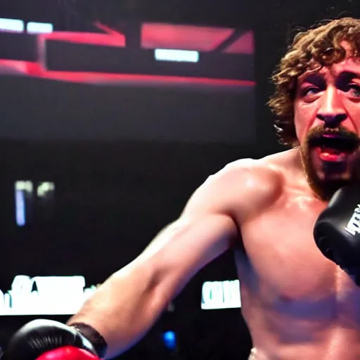 Image similar to A still of a triumphant Sam Hyde boxing losing Joe Rogan, cinematic