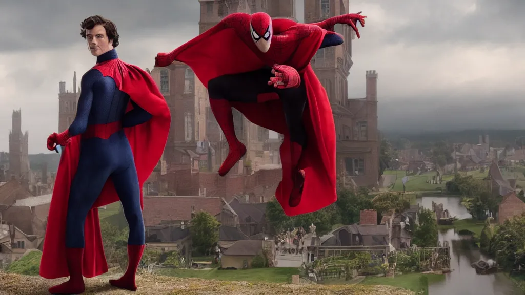 Image similar to victorian era spiderman wearing a cape in the new pride & prejudice movie, movie still realistic, 8 k