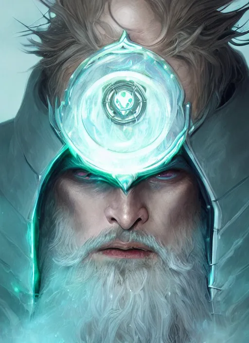 Image similar to Portrait of hexblade warlock Paladin, white glowing eyes, silver shaggy hair, short brown, scruffy beard, cloak, teal ethereal tendril wings, male, fantasy, extremely detailed, digital painting, artstation, concept art, smooth, sharp focus, illustration, stunning lighting, art by artgerm and greg rutkowski and alphonse mucha and simon stalenhag, realistic character concept, high fantasy, light atmosphere, golden ratio, cinematic lighting, hyperdetailed, high resolution, insanely detailed and intricate, artstation, Marc Simonetti, Greg Rutkowski