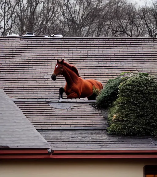 Image similar to low quality photo of a horse on the roof of a house