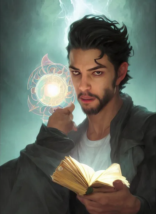 Prompt: character concept portrait of a handsome young corrupted hispanic wizard with olive skin casting an evil spell, a floating iridescent spell book in the center, intricate, elegant, digital painting, concept art, smooth, sharp focus, illustration, from Metal Gear, by Ruan Jia and Mandy Jurgens and William-Adolphe Bouguereau, Artgerm