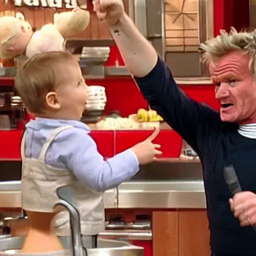 Image similar to gordon ramsey yelling and pointing at a baby