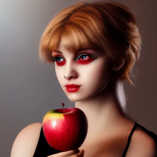 Prompt: female replicant robot holding an apple, trending on artstation, concept, ultra realistic 4k quality