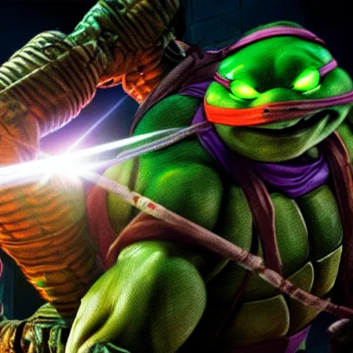 Image similar to teenage mutant ninja turtles TMNT, epic action still, hyper realistic award winning photography, epic volumetric lighting, colorful highlights, stunning glowing eyes