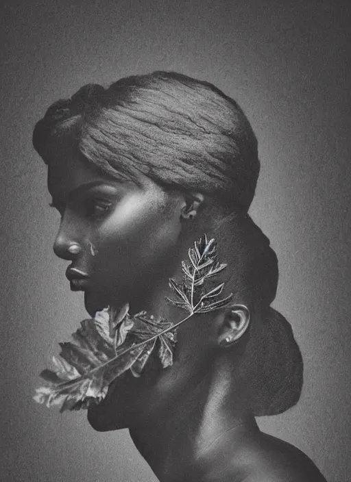 Prompt: a beautiful black woman's face in profile made of leaf skeleton, in the style of the dutch masters and gregory crewdson, dark and moody,