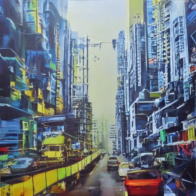 Image similar to streets of mumbai, future, mossy buildings, high fidelity, uncompressed, photorealistic oil painting, straight lines