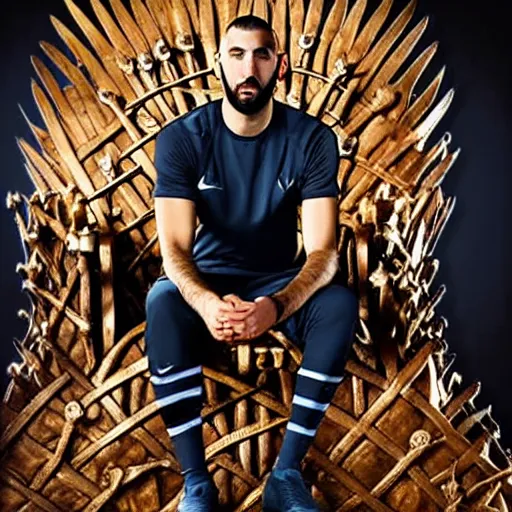 Image similar to Karim Benzema sitting on the iron throne, 4k, award winning, Photograph