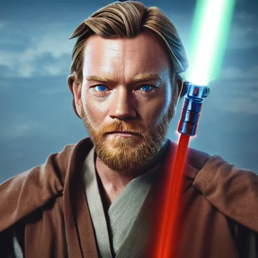 Prompt: jedi master obi-wan kenobi, star wars, clone wars, ewan mcgregor, high quality, 4k, photography, professional, film, promotional image, dramatic lightning, cinema, portrait, detailed face, sharp focus, DSLR, HDR,