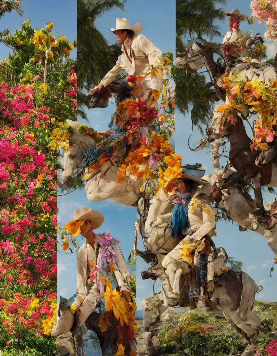 Image similar to a cowboy turning into blooms by slim aarons, by zhang kechun, by lynda benglis. tropical sea slugs, angular sharp tractor tires. complementary bold colors. warm soft volumetric dramatic light. national geographic. 8 k, rendered in octane, smooth gradients. by antonio canova by gian lorenzo bernini.