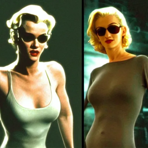 Prompt: movie scene from the matrix, marilyn monroe as carrie - anne moss