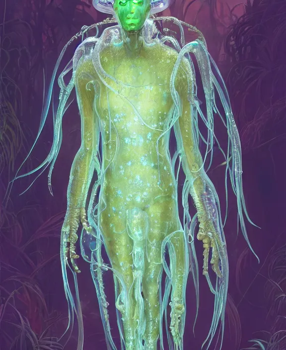 Prompt: opulent transparent clear see - through portrait of a terrifying beautiful male alien jellyfish robot, mottled coloring, adorable, childlike, overgrown biopunk jungle environment, ultra realistic, concept art, art nouveau, photorealistic, octane render, 8 k, unreal engine. art by christopher marley and artgerm and greg rutkowski and alphonse mucha