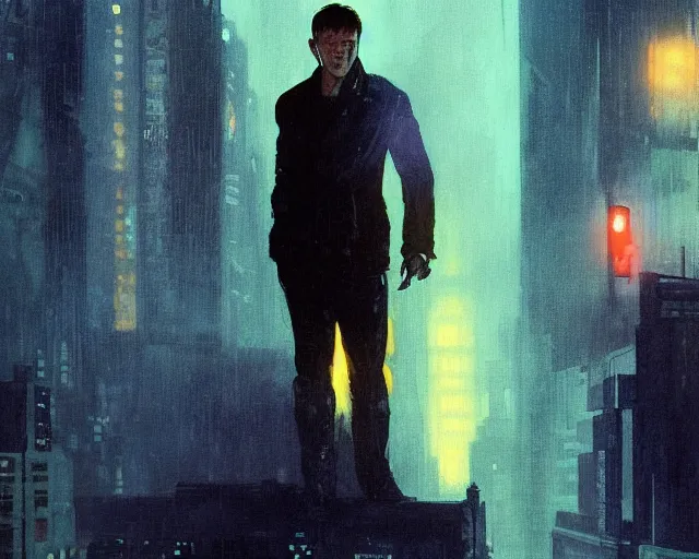 Image similar to 2 0 1 8 blade runner movie young man young clint eastwood in his youth look at the cityscape from roof perfect face fine realistic face pretty face reflective polymer suit tight neon puffy jacket blue futuristic sci - fi elegant by denis villeneuve tom anders zorn hans dragan bibin thoma greg rutkowski ismail inceoglu illustrated sand storm alphonse mucha