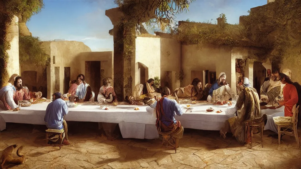 Prompt: the scene of the last supper, man dressed in suits, with cat heads, under the porch of a typical portuguese house, with typical alentejo landscape in the back, sunny morning, matte painting, oil canvas, photorealistic illustration, extreme detail, hyper realistic, highly detailed, digital art