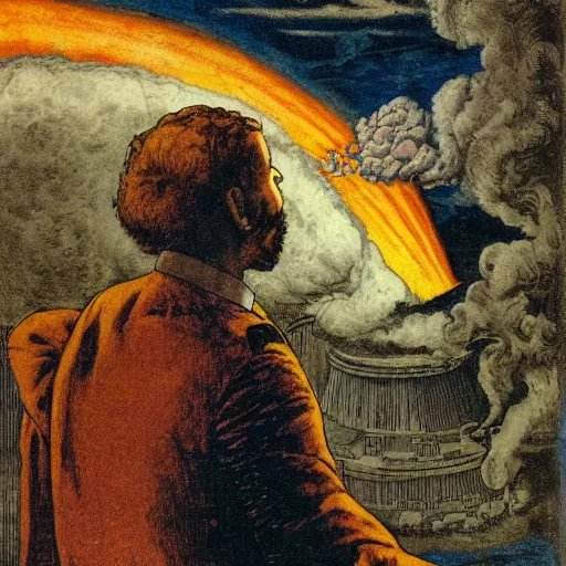 Image similar to the great magician of nuclear thaumaturgy watching a nuclear explosion thinking about what he has done.
