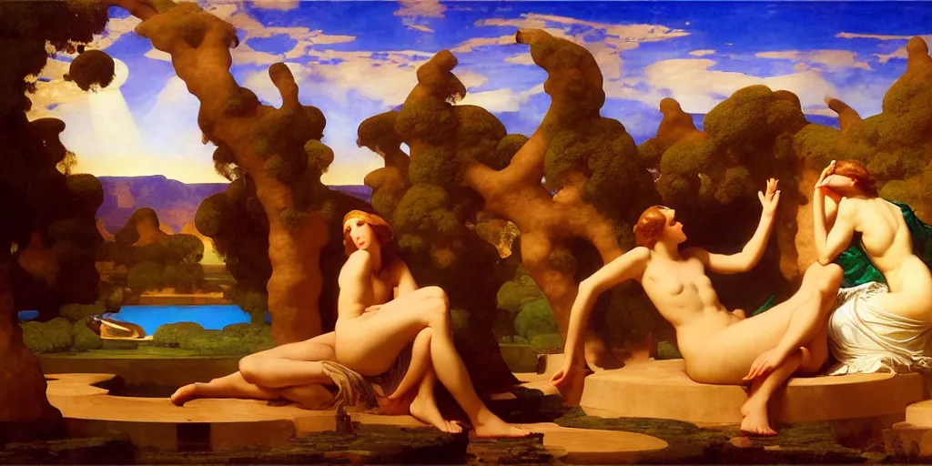 Image similar to an oasis in the middle of the desert, an art deco painting by Frederic Leighton and Daniel Maclise and Rolf Armstrong and Evelyn De Morgan and Bastien Lecouffe-Deharme, dutch golden age, dramatic lighting, high contrast colors, baroque, empyrean, panoramic view, cgsociety, highly detailed, doom engine,